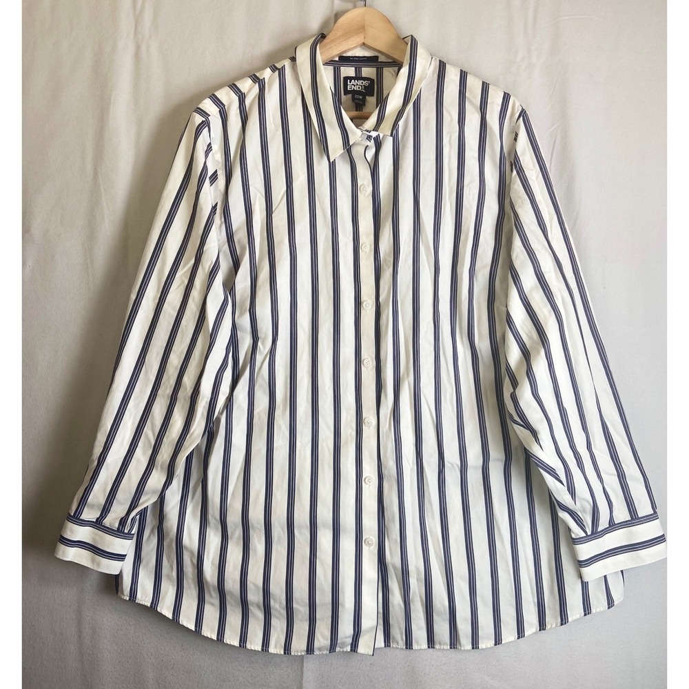 Lands' End No Iron Supima Cotton Striped Button Down Shirt Women 22W Academia
